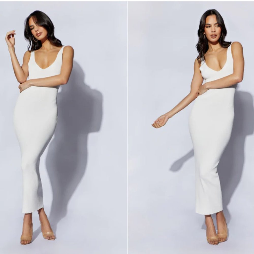 V Neck Midi Dress - Off White